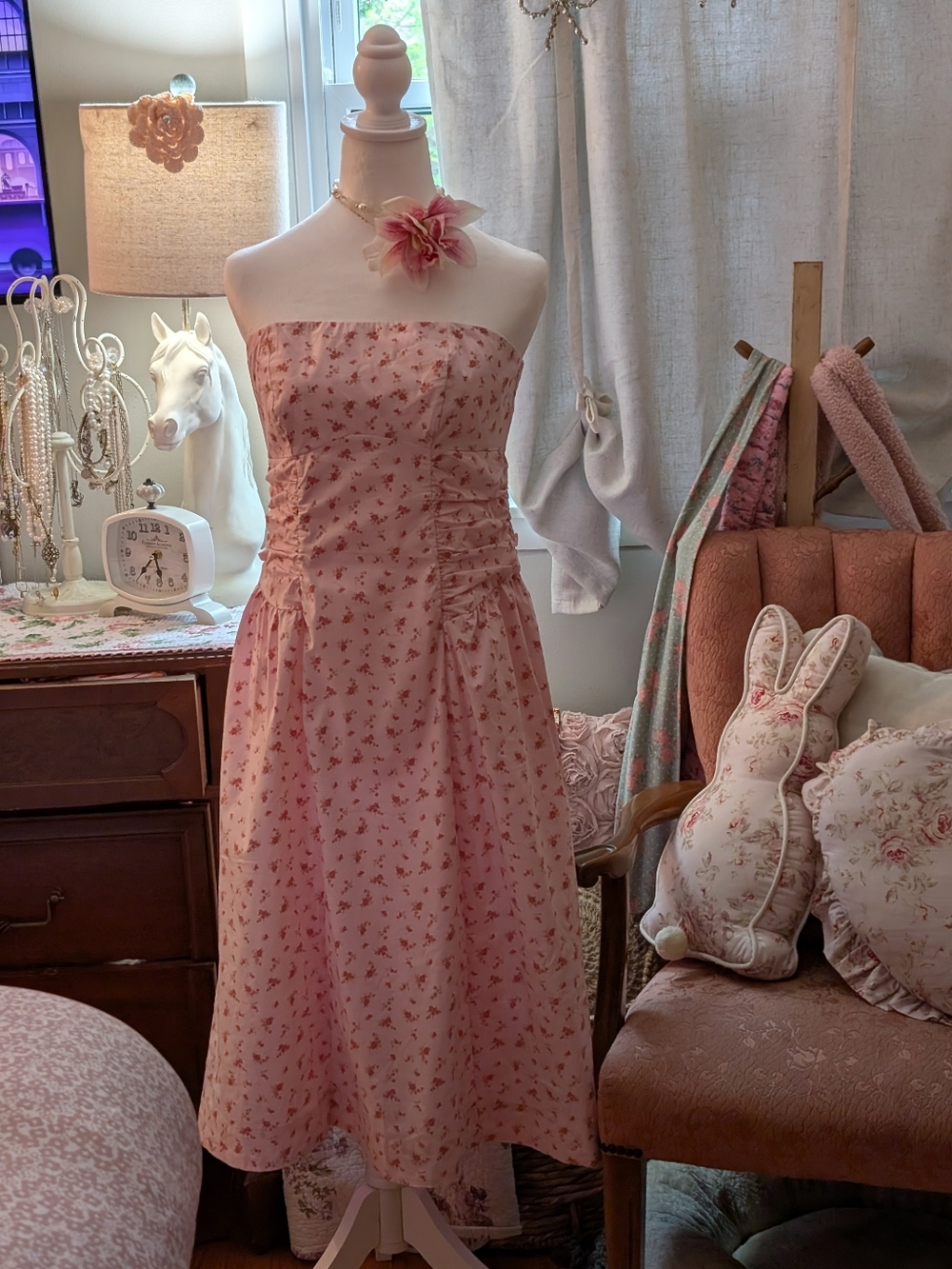 wild fable Pink Strapless Floral Ruched Midi Dress